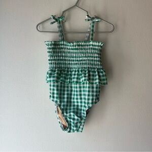 🌼 5/$25 Old Navy Baby Girl Green Gingham Smocked Ruffle Swimsuit 18–24M